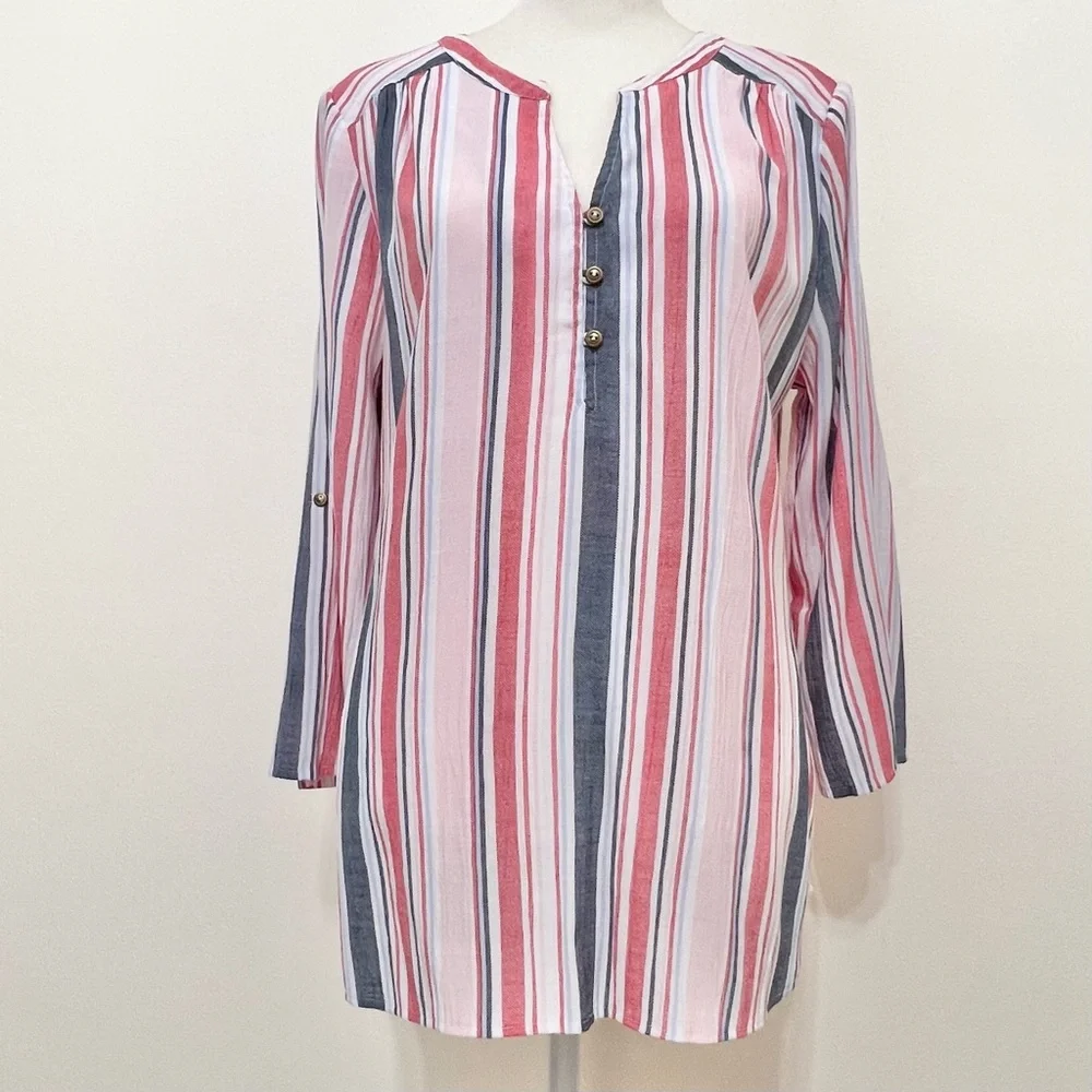 Kim Rogers Striped Long Sleeve Top Resortwear Cruise Lightweight Nautical - Picture 2 of 10